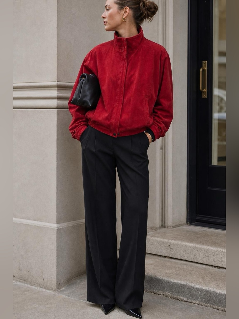Vintage Red Suede Leather Mock Neck Zip Front Windbreaker Jacket